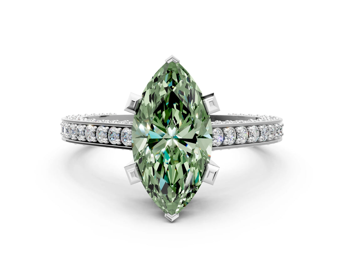 Silver Fancy Green Marquise Cut Brilliant Split Shank Pave Solitaire Ring with Four-Prong Setting_12