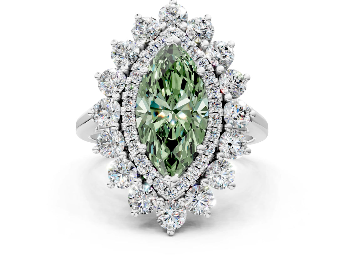 Silver Fancy Green Marquise Cut Diamond Floral Double Halo Engagement Ring with Prong Setting_126