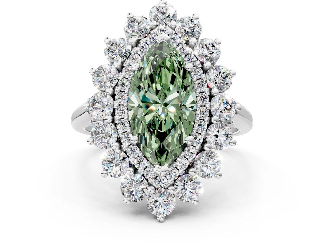 Silver Fancy Green Marquise Cut Diamond Floral Double Halo Engagement Ring with Prong Setting_30