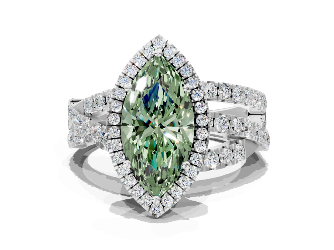 Silver Fancy Green Marquise Cut Diamond Halo Ring with Round Split Shank and Prong Setting