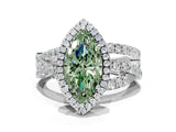 Silver Fancy Green Marquise Cut Diamond Halo Ring with Round Split Shank and Prong Setting