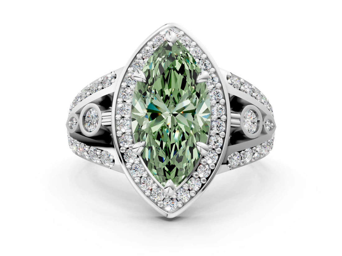 Silver Fancy Green Marquise Cut Diamond Halo Ring with Split Shank and Bezel Accents and Four-Prong Setting_6