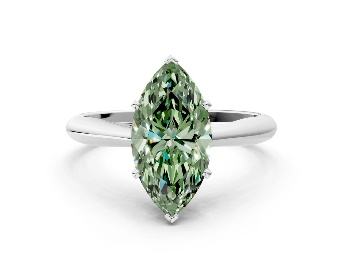 Silver Fancy Green Marquise Cut Diamond Solitaire Engagement Ring with Cathedral Setting and Four-Prong Mount_12