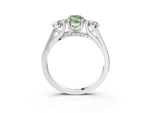 Silver Fancy Green Marquise Cut Diamond Three-Stone Engagement Ring with Prong Setting and Pavé Band