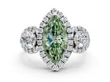 Silver Fancy Green Marquise Cut Diamond Three-Stone Halo Ring with Prong Setting and Pavé Accents_6