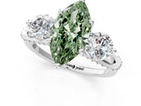 Silver Fancy Green Marquise Cut Diamond Three-Stone Ring with Prong Setting and Pavé Band_7