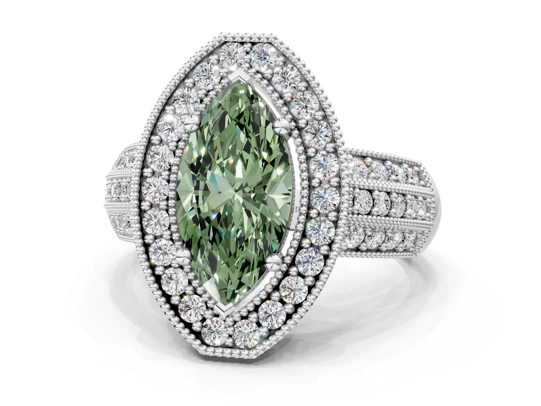 Silver Fancy Green Marquise Cut Halo Diamond Engagement Ring with Pave Split Shank and Four-Prong Setting_6