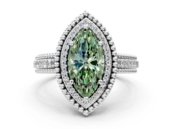 Sterling Silver Marquise Beaded Halo Engagement Ring Setting for Fancy Green Center with Pave