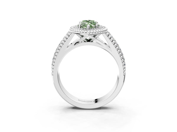 Sterling Silver Marquise Beaded Halo Engagement Ring Setting for Fancy Green Center with Pave