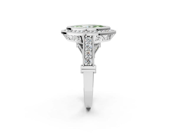 Sterling Silver Marquise Vintage Bezel Halo Engagement Ring Setting for Fancy Green Center
