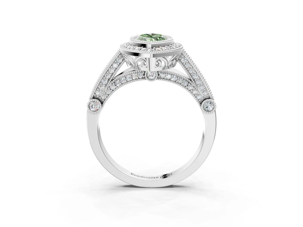 Sterling Silver Marquise Vintage Bezel Halo Engagement Ring Setting for Fancy Green Center