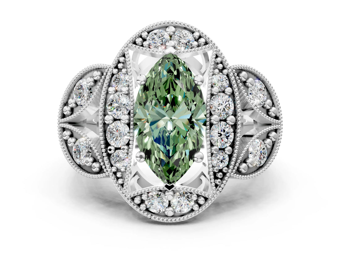 Silver Fancy Green Marquise Cut Halo Milgrain Diamond Engagement Ring with Leaf Band and Four-Prong Setting_12