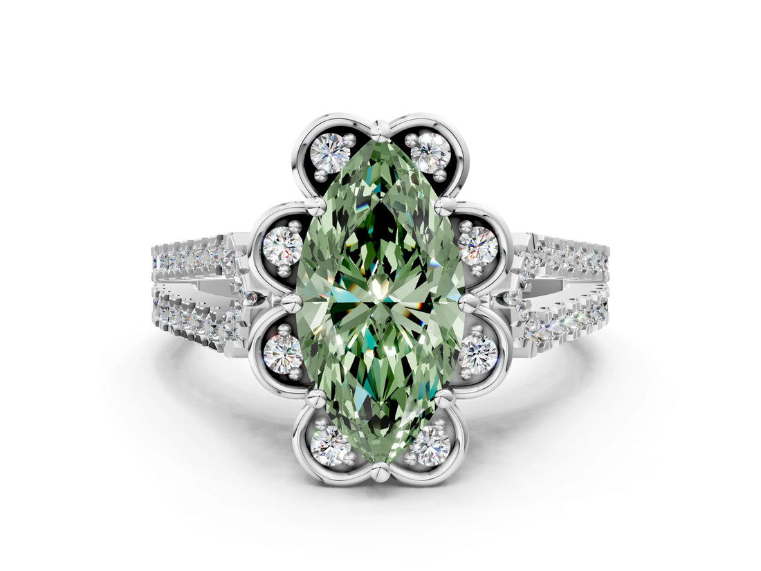 Silver Fancy Green Marquise  Halo Diamond Floral Split Shank Engagement Ring 1
