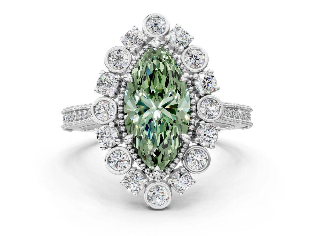 Silver Fancy Green Marquise  Halo Milgrain Pave Diamond Ring with Four-Prong Setting 1