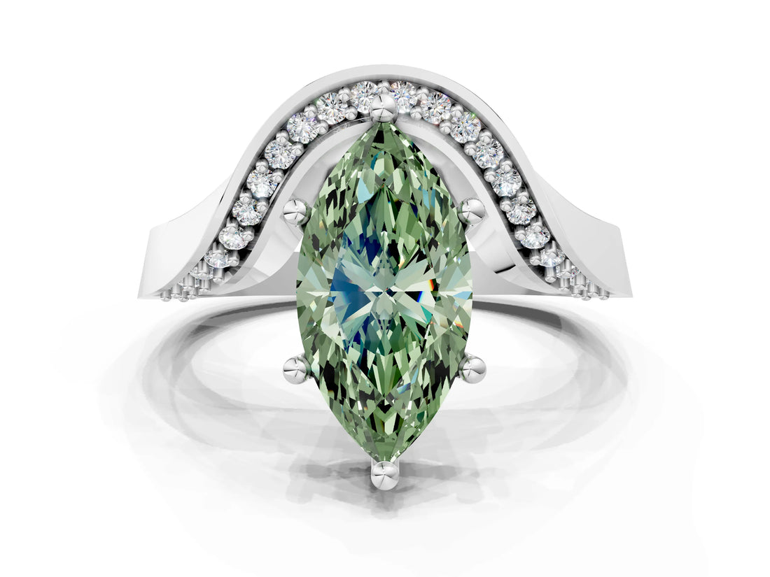 Silver Fancy Green Marquise  Solitaire Diamond Engagement Ring with Pave Band and Four-Prong Setting