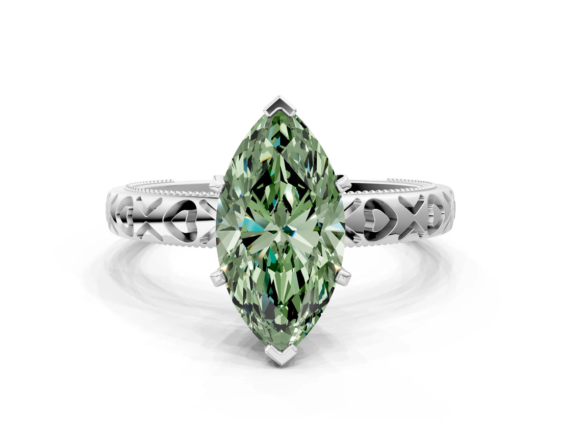 Silver Fancy Green Marquise  Solitaire Diamond Engagement Ring with XO Engraved Band and Four-Prong Setting