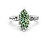 Silver Fancy Green Marquise  Solitaire Diamond Engagement Ring with XO Engraved Band and Four-Prong Setting