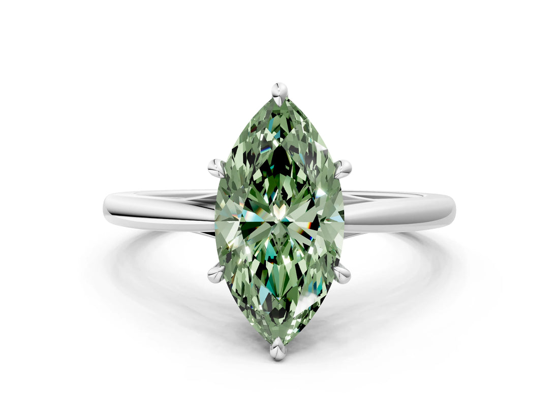 Silver Fancy Green Marquise  Solitaire Engagement Ring with Four-Prong Setting and Classic Band
