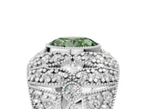 Silver Fancy Green Oval Cut Brilliant Halo Pave Diamond Milgrain Ring_11