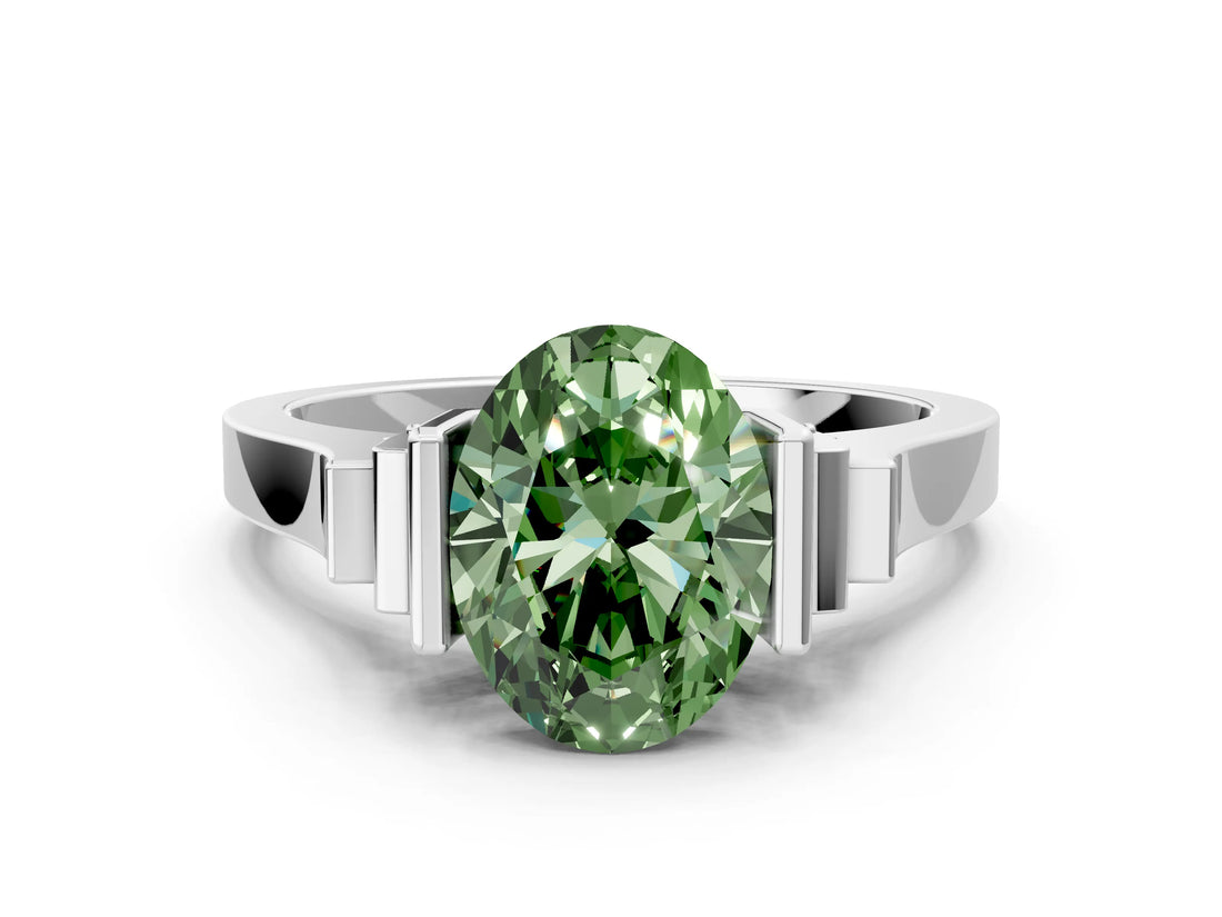 Silver Fancy Green Oval Cut Brilliant Solitaire Diamond Ring with Channel Set Band and Bar Prong Setting_6