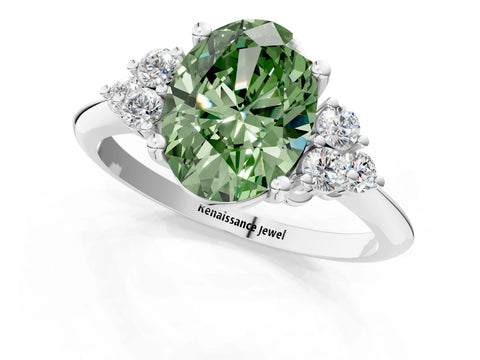 Silver Fancy Green Oval Cut Cut Diamond Cluster Ring with Solitaire Band and Four-Prong Setting_14