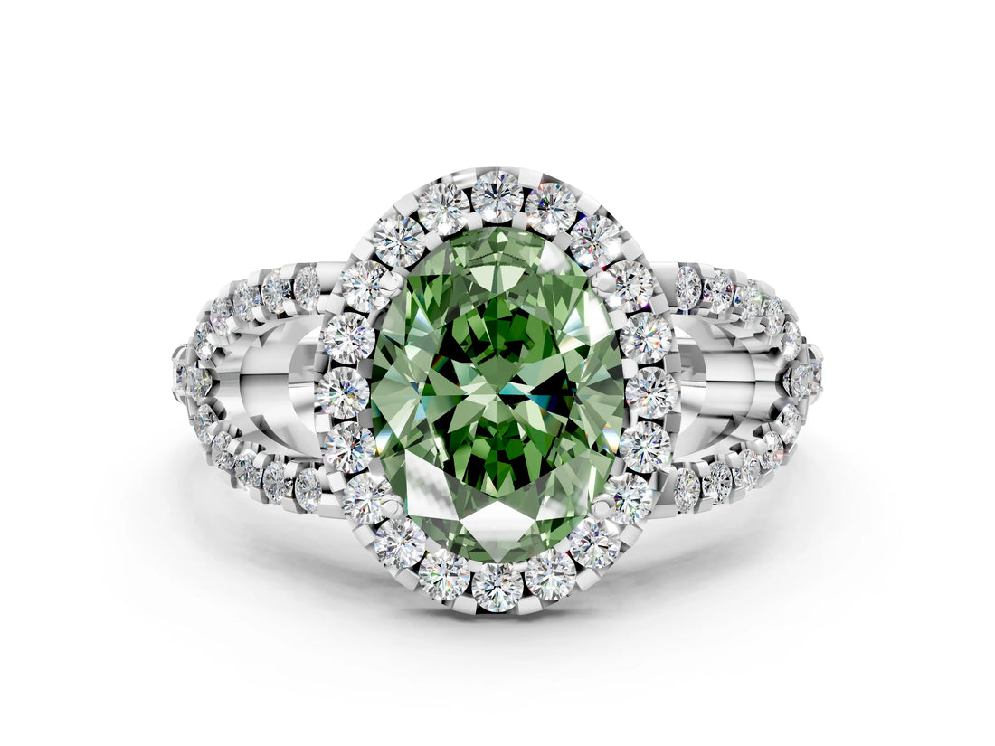 Silver Fancy Green Oval Cut Cut Diamond Halo Engagement Ring with Open Split Pavé Band_6