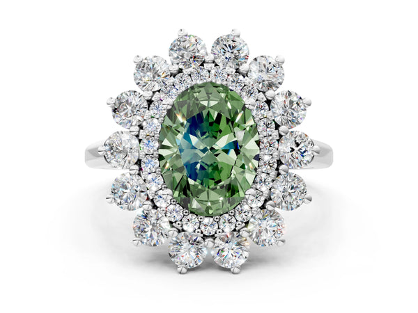 Sterling Silver Oval Floral Double Halo Engagement Ring Setting for Fancy Green Center