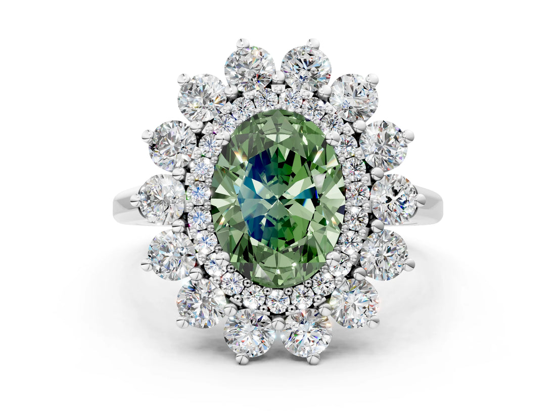 Silver Fancy Green Oval Cut Diamond Floral Double Halo Engagement Ring with Prong Setting_19