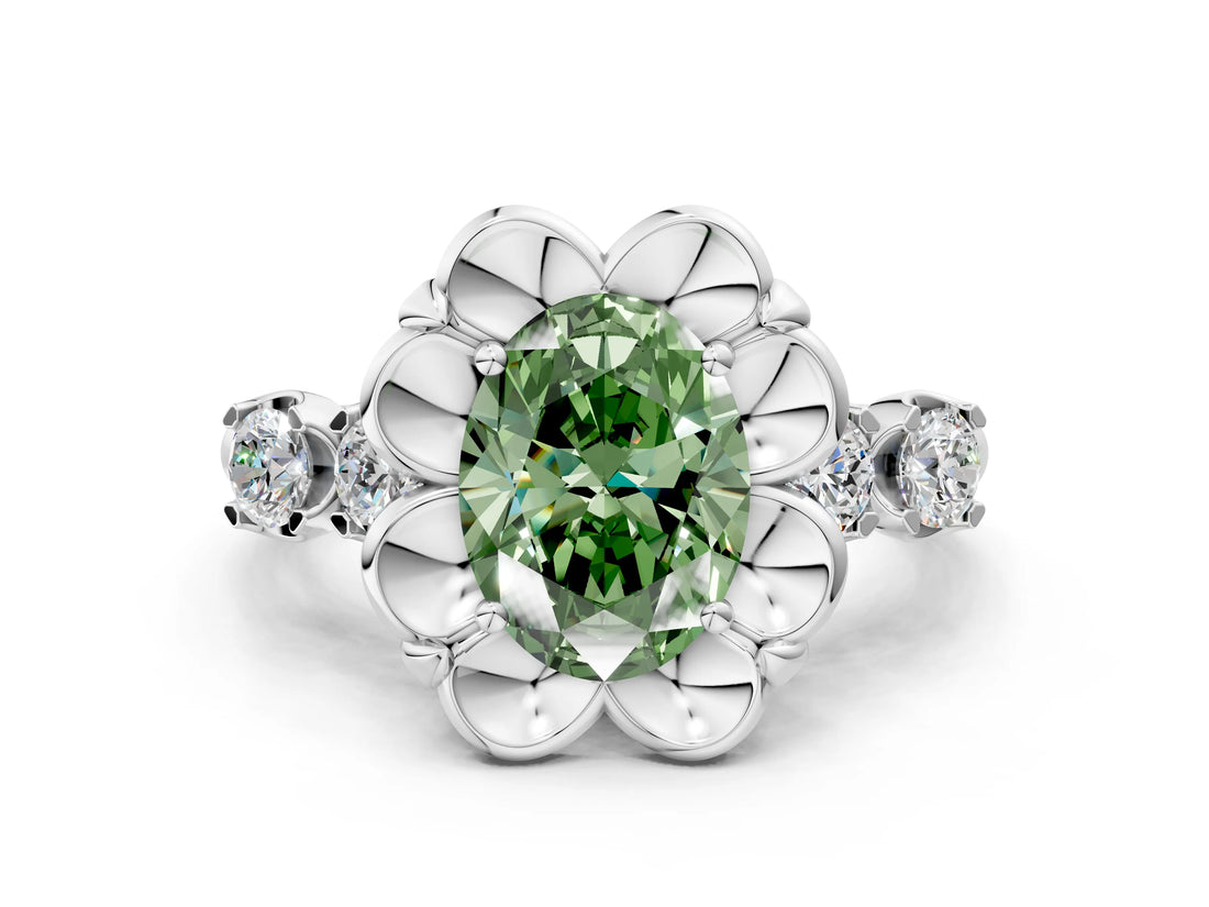 Silver Fancy Green Oval  Cut Diamond Floral Halo Engagement Ring with Shared Prong Setting 1