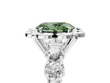 Silver Fancy Green Oval  Cut Diamond Floral Halo Engagement Ring with Shared Prong Setting