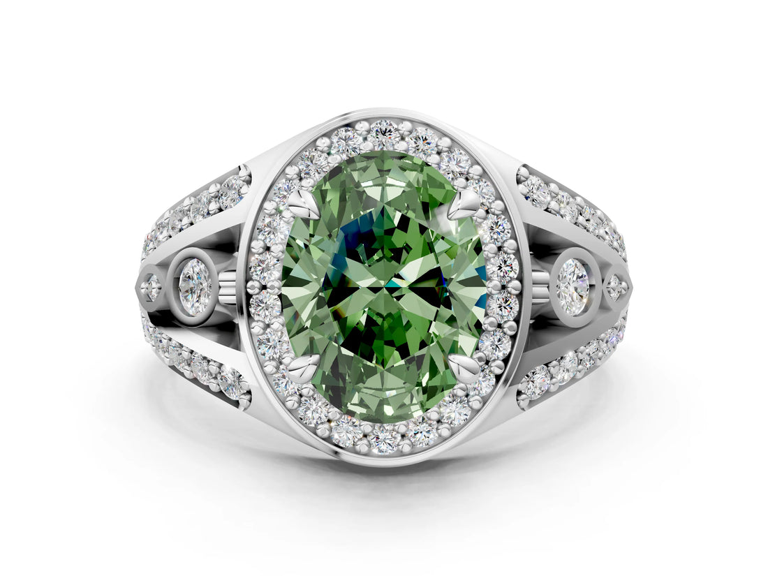 Silver Fancy Green Oval Cut Diamond Halo Ring with Split Shank and Bezel Accents and Four-Prong Setting_6