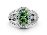 Silver Fancy Green Oval Cut Diamond Halo Ring with Split Shank and Bezel Accents and Four-Prong Setting_6