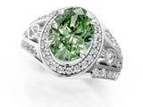 Silver Fancy Green Oval Cut Diamond Halo Ring with Split Shank and Bezel Accents and Four-Prong Setting_7