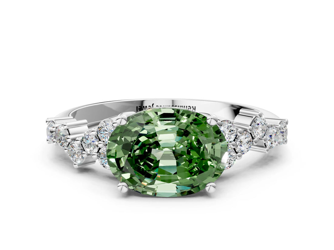 Silver Fancy Green Oval Cut Diamond Scattered Round Accent Ring with Prong Setting