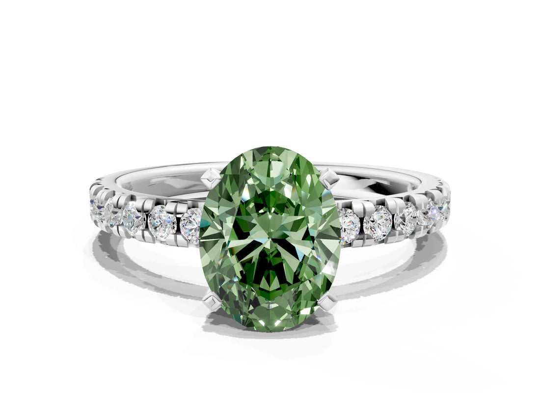 Silver Fancy Green Oval Cut Diamond Solitaire Pavé Engagement Ring with Round Band and Prong Setting_2