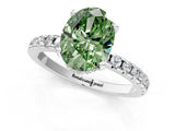 Silver Fancy Green Oval Cut Diamond Solitaire Ring with Round  Pavé Band and Four-Prong Setting_37