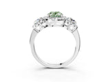 Silver Fancy Green Oval Cut Diamond Three-Stone Halo Ring with Prong Setting and Pavé Accents_15