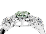 Silver Fancy Green Oval Cut Diamond Three-Stone Halo Ring with Prong Setting and Pavé Accents_16
