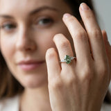 Silver Fancy Green Oval Cut Diamond Three-Stone Ring with Pear  Side Stones and Prong Setting