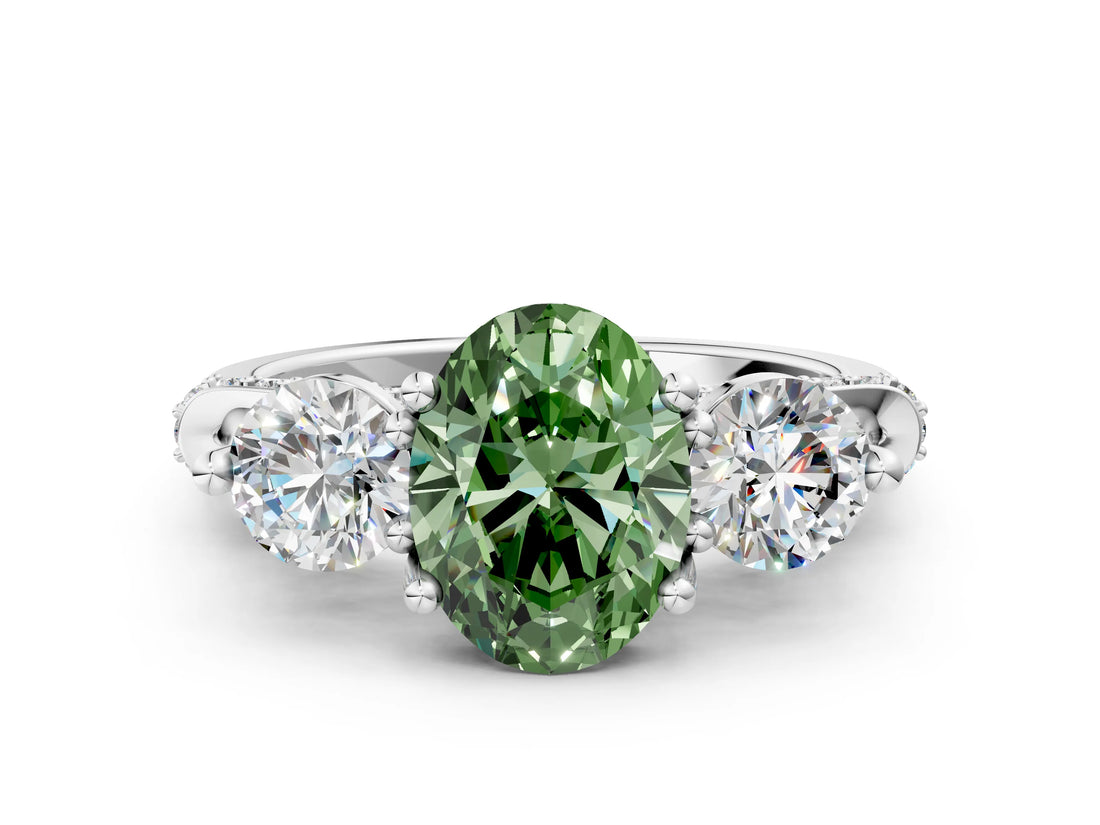 Silver Fancy Green Oval Cut Diamond Three-Stone Ring with Prong Setting and Pavé Band_6