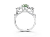 Silver Fancy Green Oval Cut Diamond Three-Stone Ring with Prong Setting and Pavé Band_9