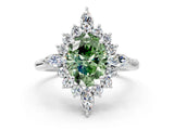 Silver Fancy Green Oval Cut Halo Diamond Cluster Ring with Marquise and Round Stones on a White Gold Band with Prong Setting