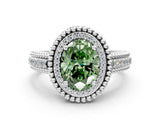 Silver Fancy Green Oval Cut Halo Diamond Ring with Beaded Split Shank and Four-Prong Setting_6