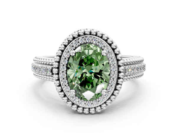 Sterling Silver Oval Beaded Halo Engagement Ring Setting for Fancy Green Center with Pave
