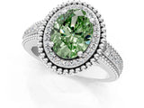 Silver Fancy Green Oval Cut Halo Diamond Ring with Beaded Split Shank and Four-Prong Setting_7