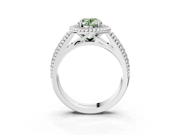 Sterling Silver Oval Beaded Halo Engagement Ring Setting for Fancy Green Center with Pave