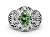 Silver Fancy Green Oval Cut Halo Milgrain Diamond Engagement Ring with Leaf Band and Four-Prong Setting_6