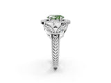 Silver Fancy Green Oval Cut Halo Milgrain Diamond Engagement Ring with Leaf Band and Four-Prong Setting_8