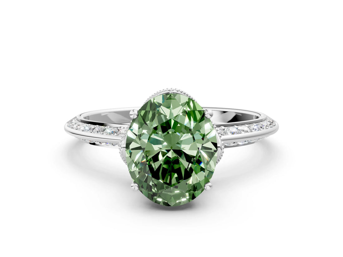 Silver Fancy Green Oval Cut Solitaire Split Shank Pave Diamond Engagement Ring with Four-Prong Setting_6