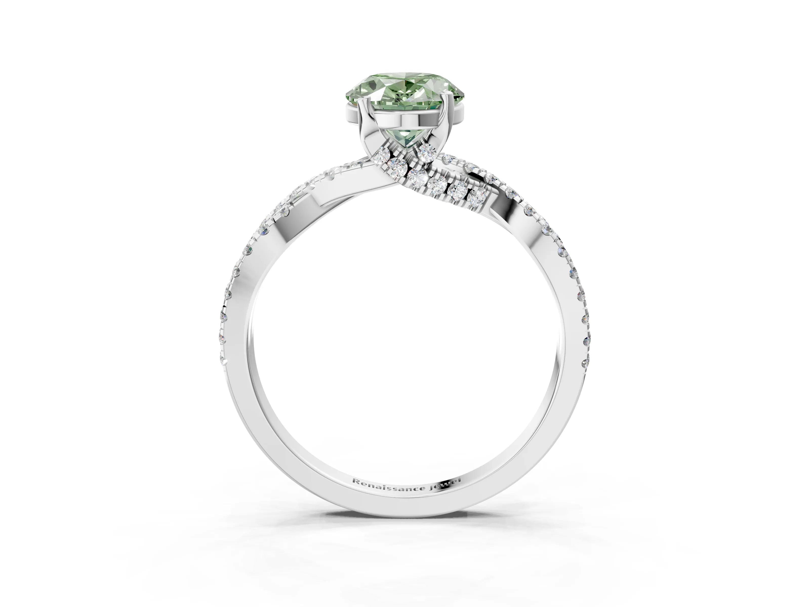 Silver Fancy Green Oval Cut Solitaire Twist Pave Diamond Engagement Ring with Prong Setting_45